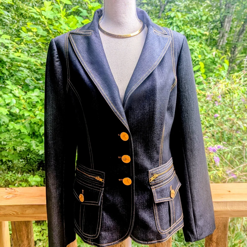 Cache' Contour Collectic Elegant Dark Blue/Gray Denim Women's Blazer - Picture 3 of 16